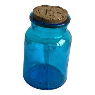 Bocal verre bleu bouchon liège Henkel - vintage