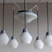 Italian brass enamelled grey chandelier with frosted glass pendants, circa 1960.