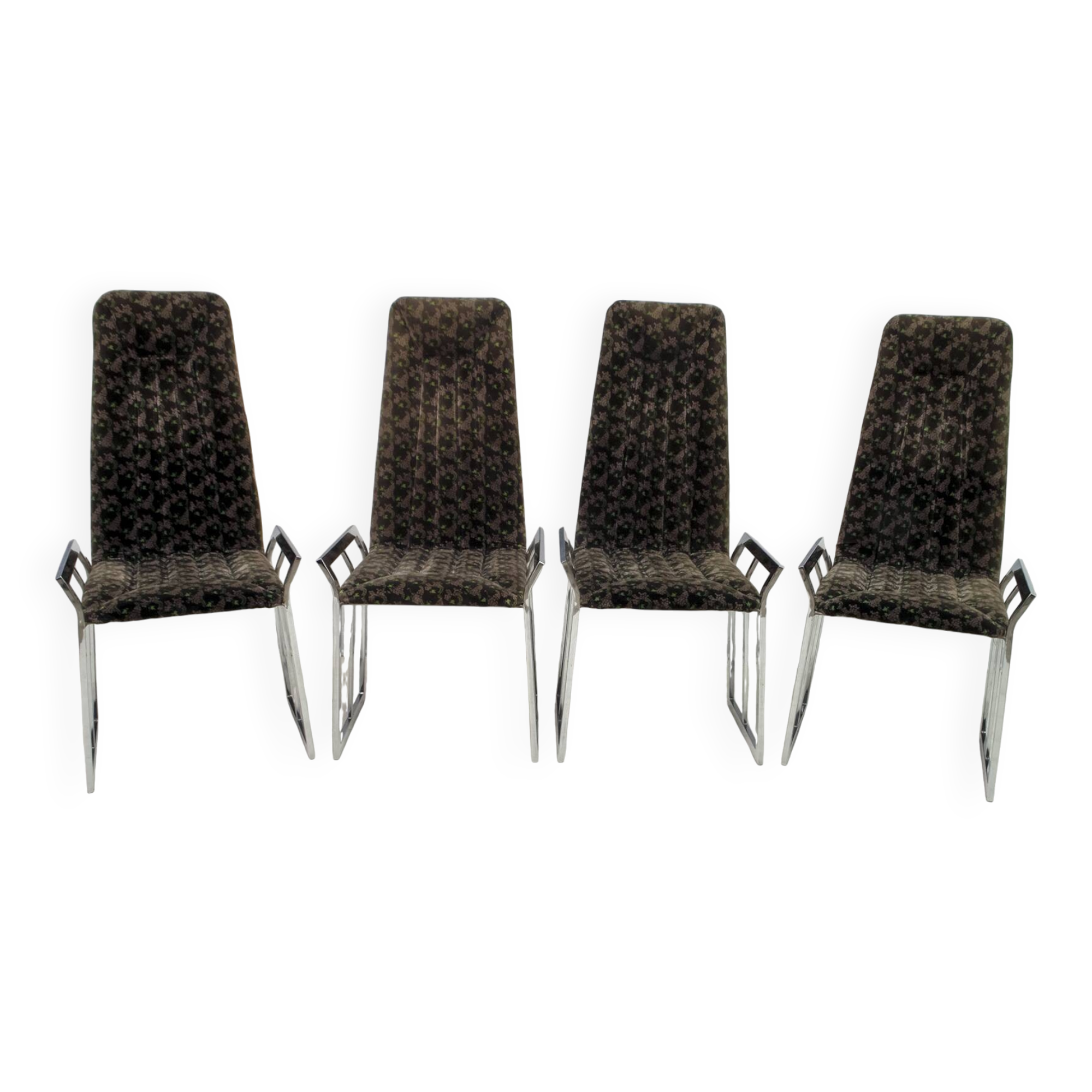 Set of 4 Mid-Century Modern Italian Chromed Steel and Velvet Dining Chairs