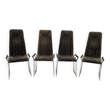 Ensemble de 4 chaises de salle à manger italiennes modernes du milieu du siècle en acier chromé et velours