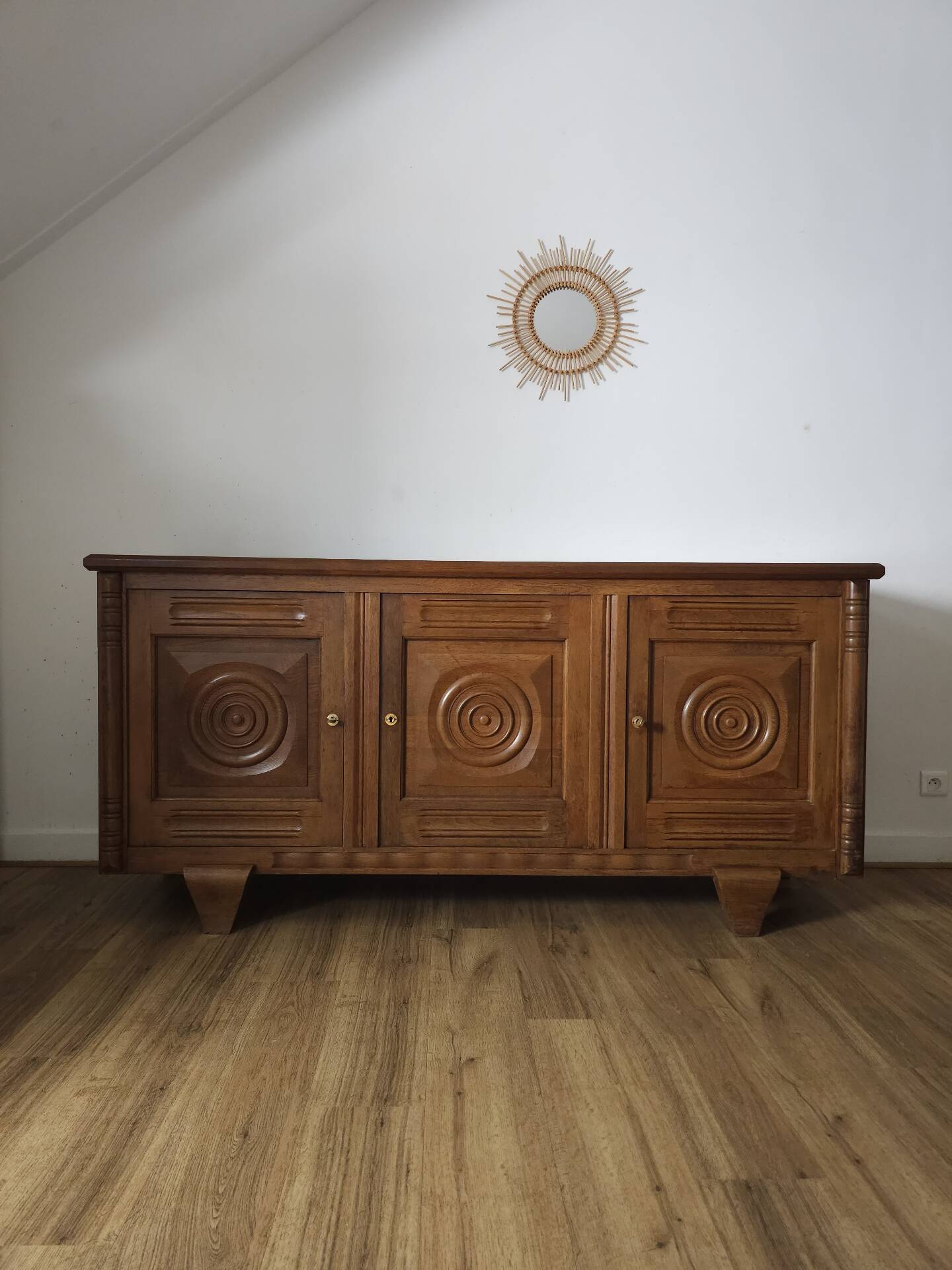 Solid oak sideboard, brutalist and Art Deco work, mid-century.