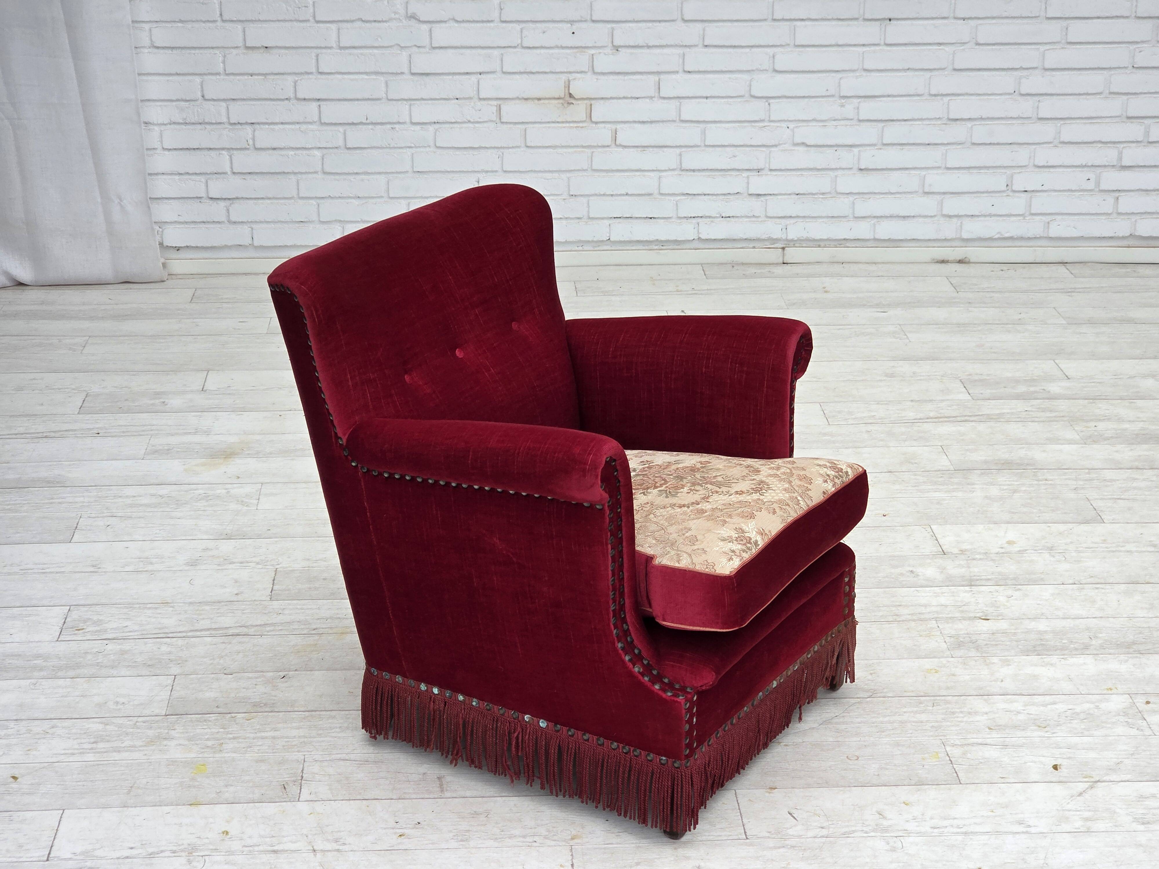 1970s, Danish armchair, red furniture velour, ash wood.