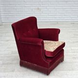 1970s, Danish armchair, red furniture velour, ash wood.