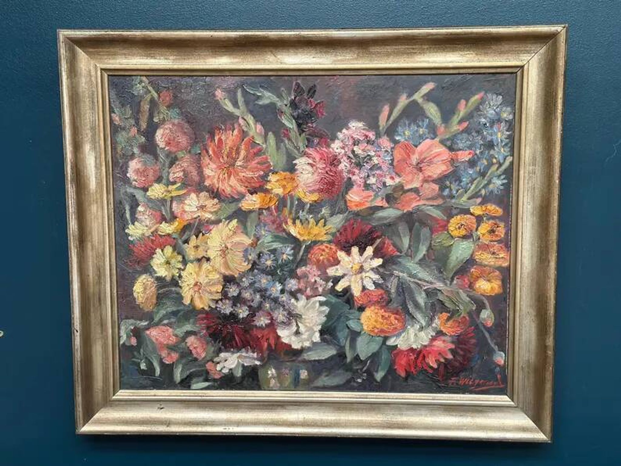 Original Still Life Oil on Canvas “Still Life with Flowers” by F. Wiegand