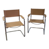 Paire de chaises style Bauhaus en métal chromé et cuir marron, fin XXème