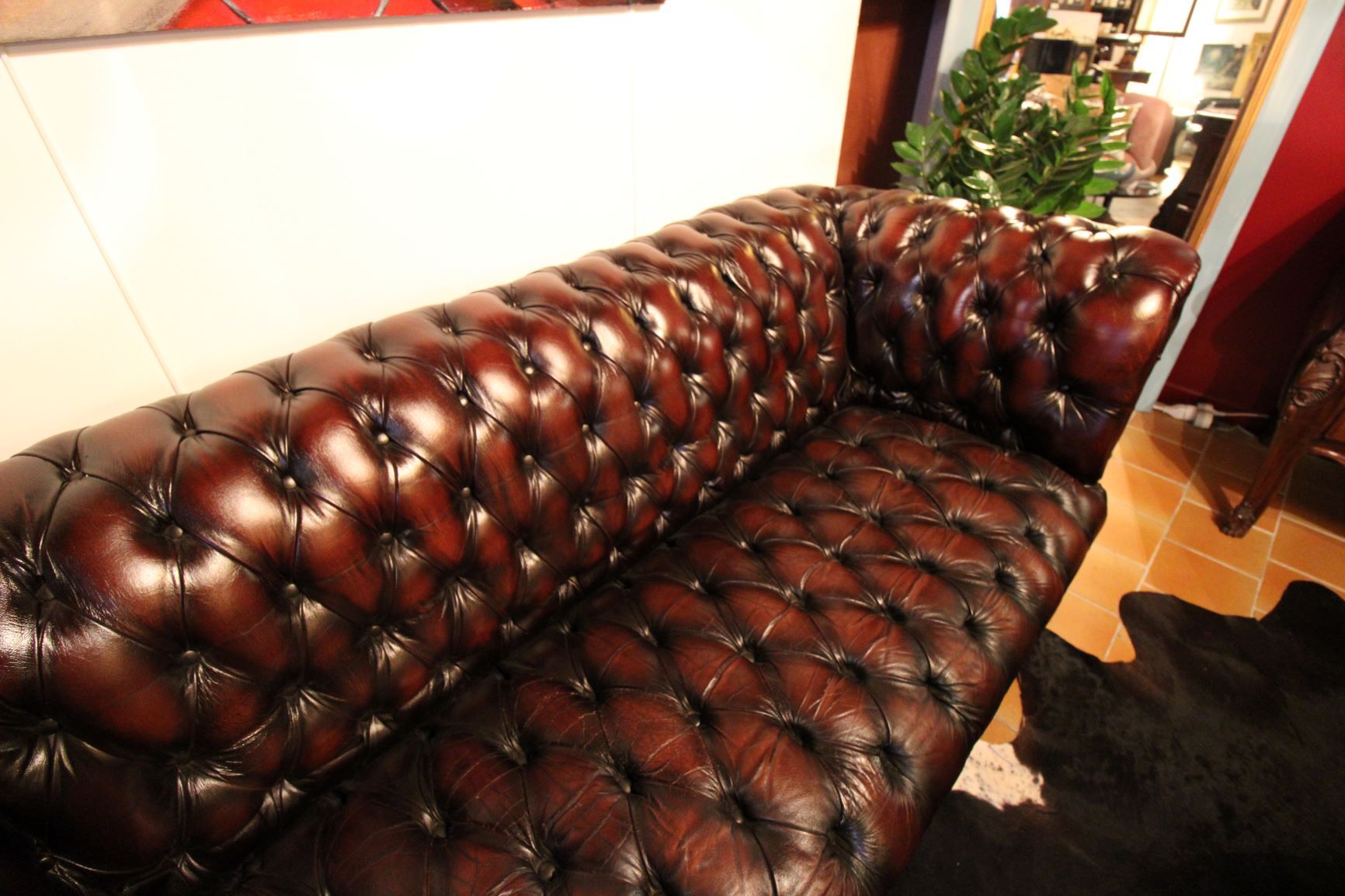 Real chesterfield sofa in dark brown tins