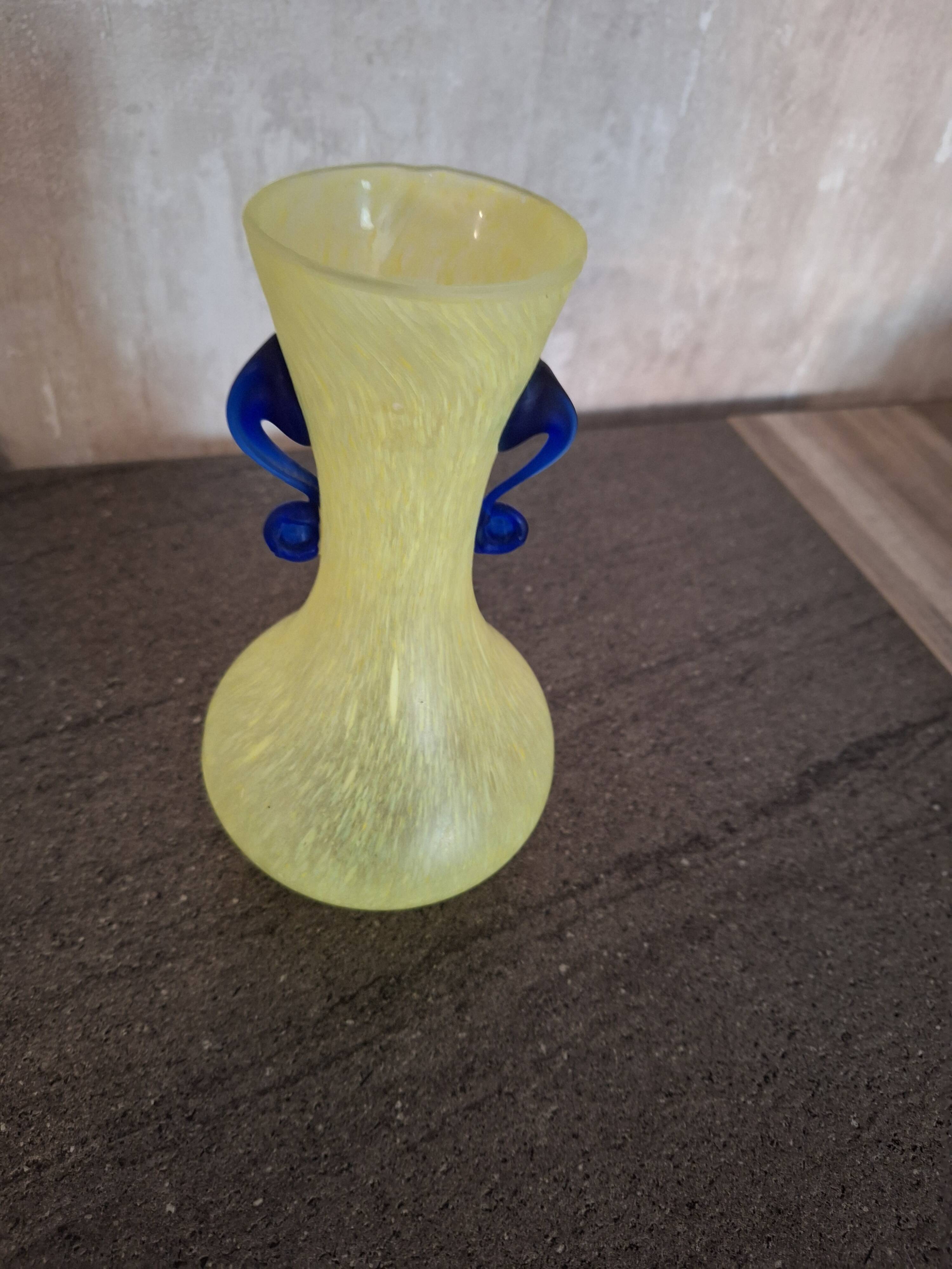 Yellow glass paste vase with navy blue handles