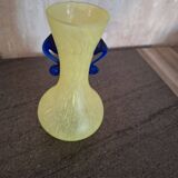 Yellow glass paste vase with navy blue handles