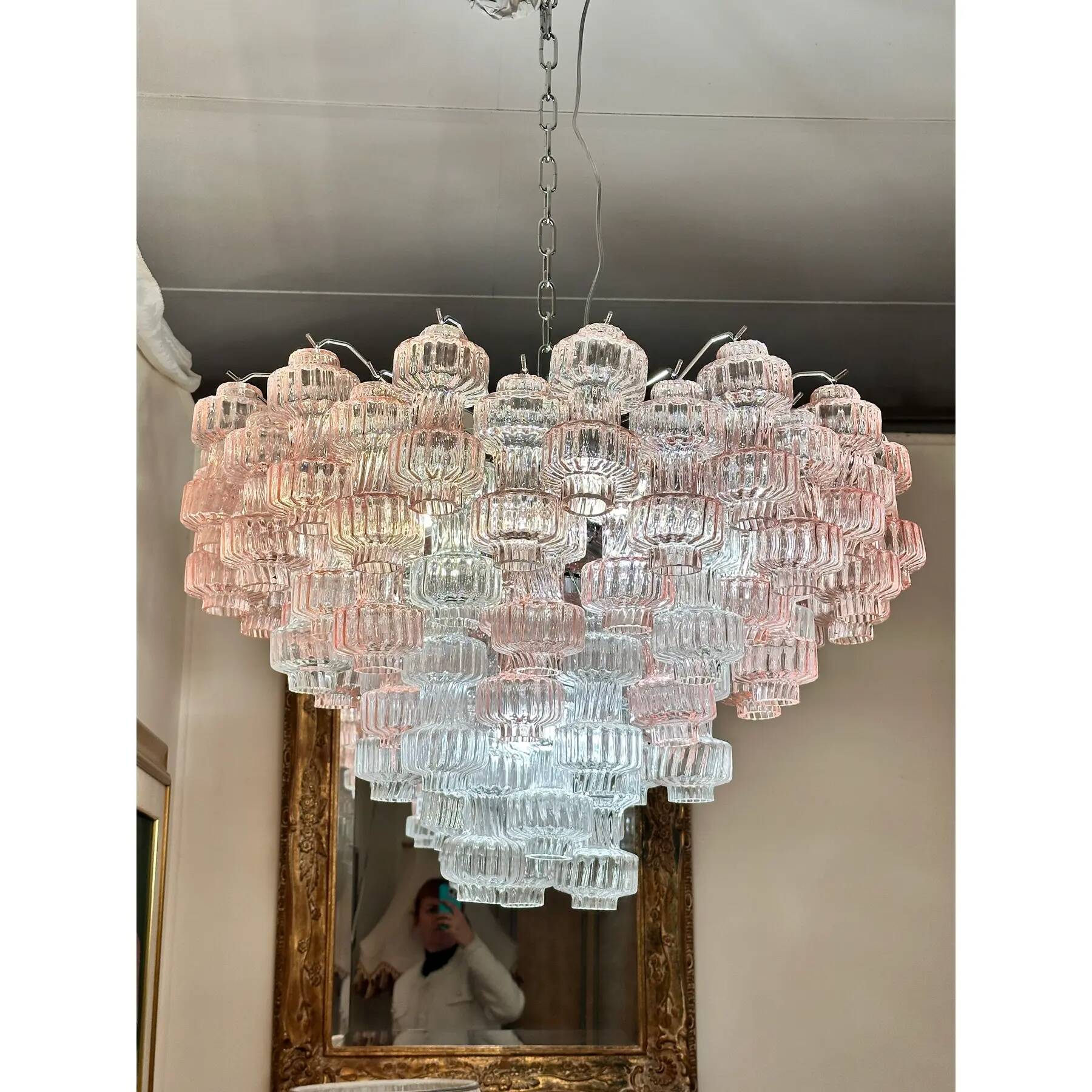 Romantic Venetian Pink "Rigadin Manubri" Murano Glass Chandelier in Venini
