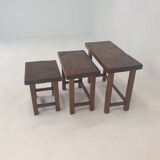 Set of 3 Brutalist Wooden Nesting Tables, Holland 1960s