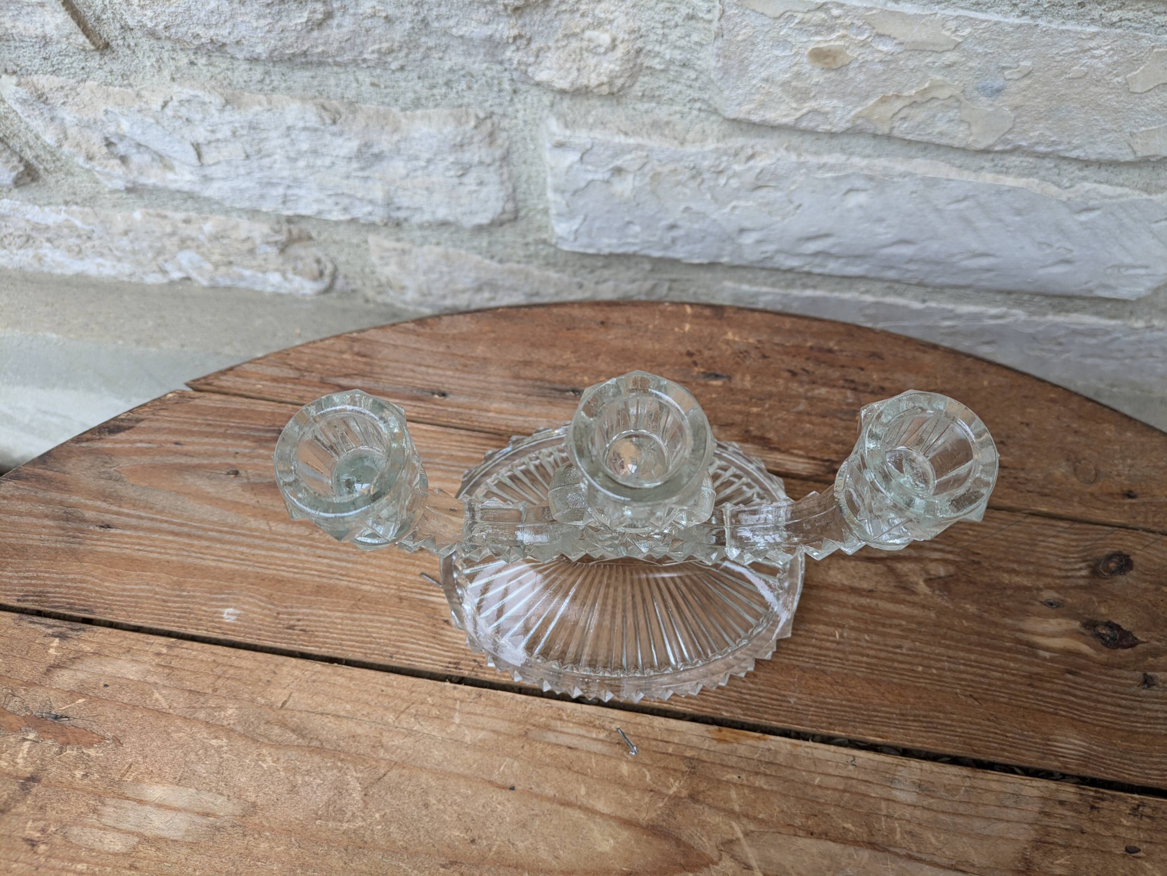 Antique molded glass candle holder for 3 taper candles