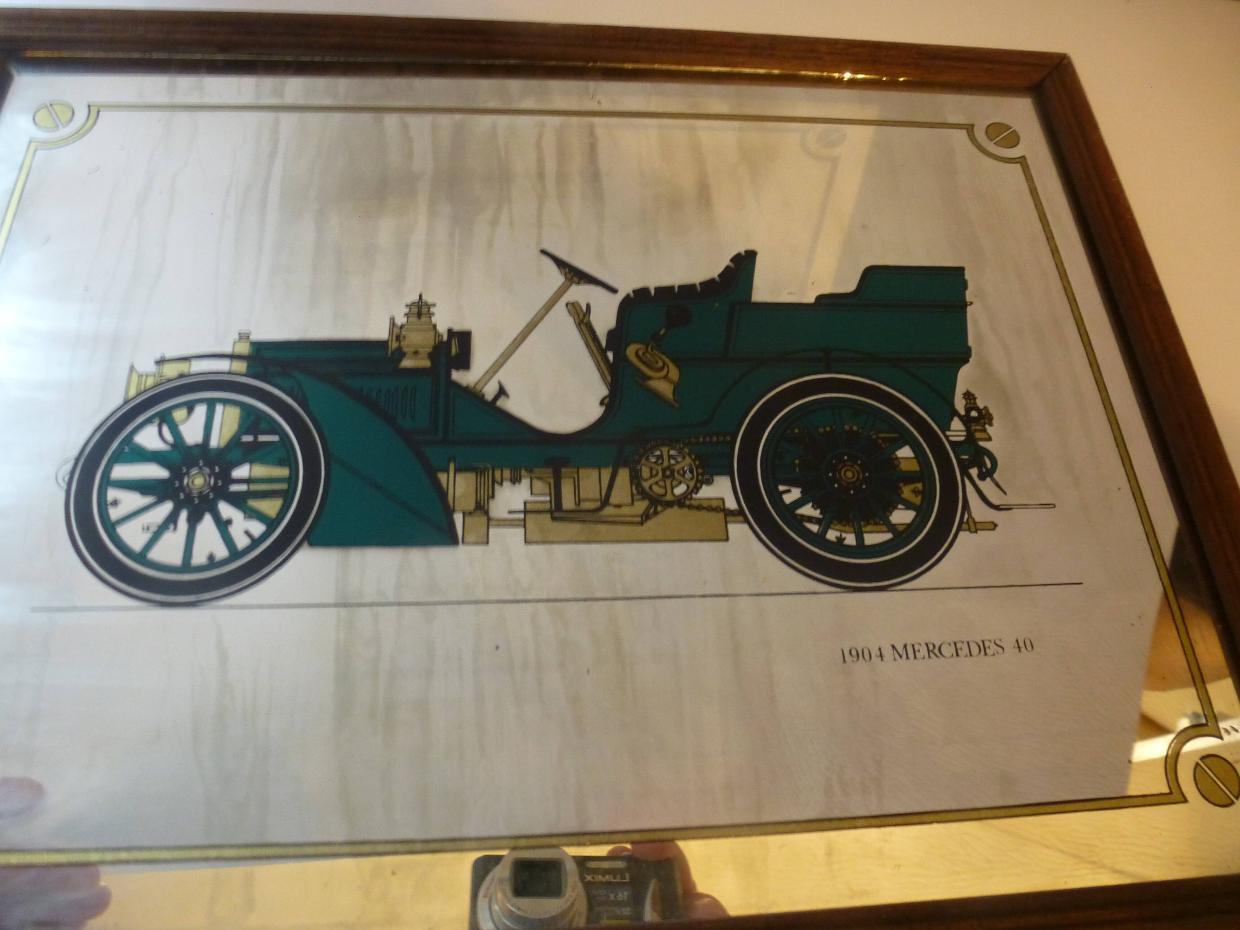 Screen-printed mirror of old car "1904 Mercedes 40" vintage 1970s