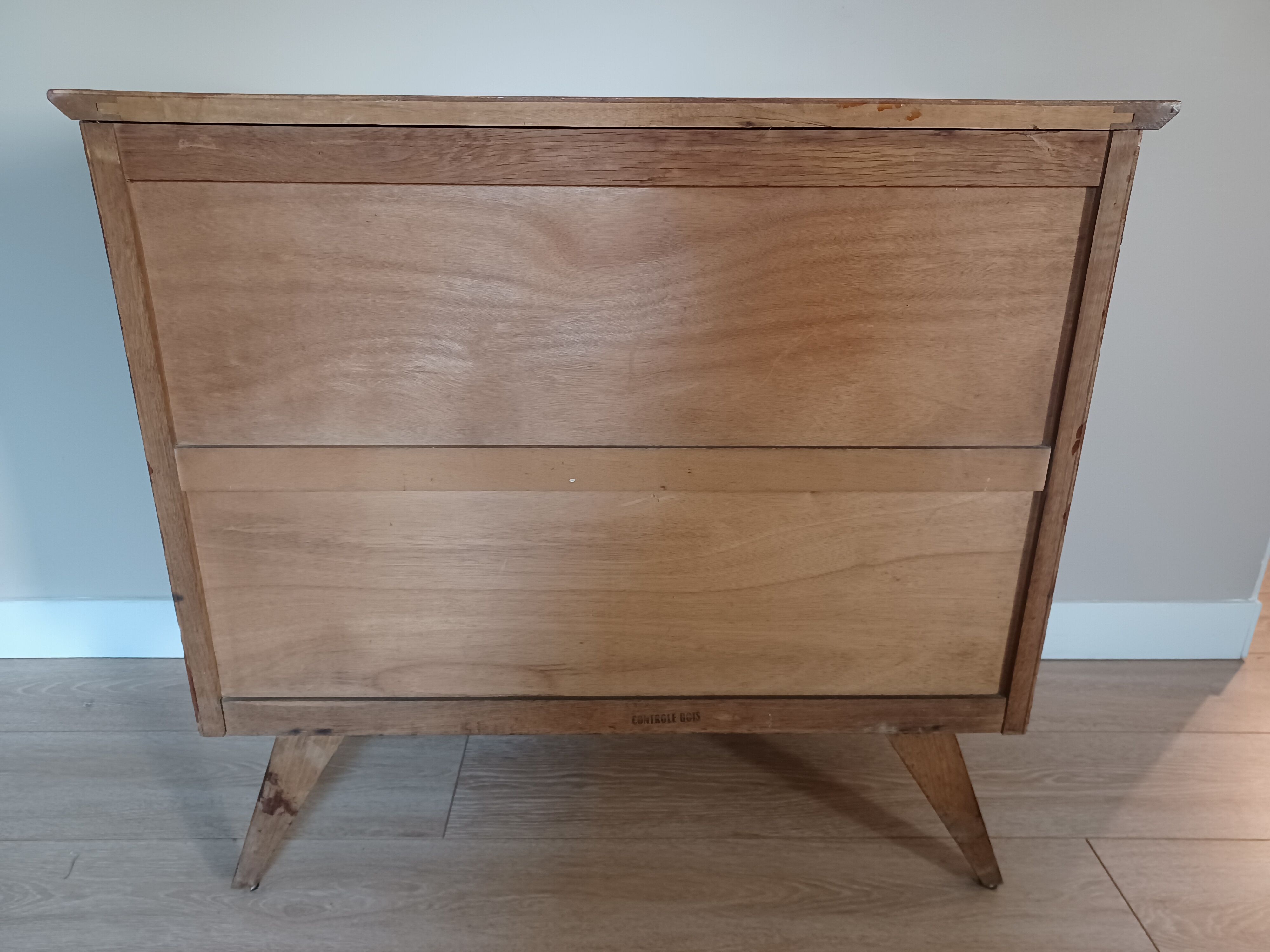 Commode bois et rotin vintage années 50