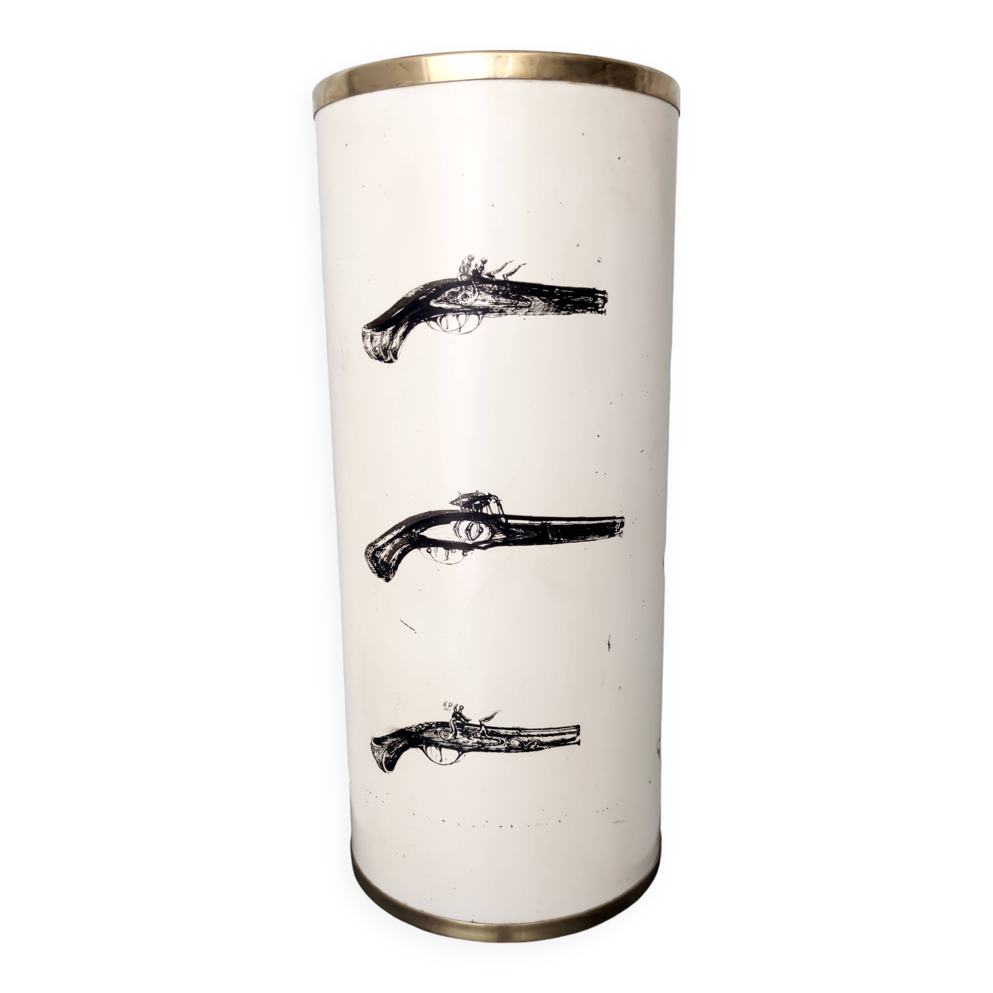 Porte-parapluie en métal verni beige et laiton Attr. à Fornasetti