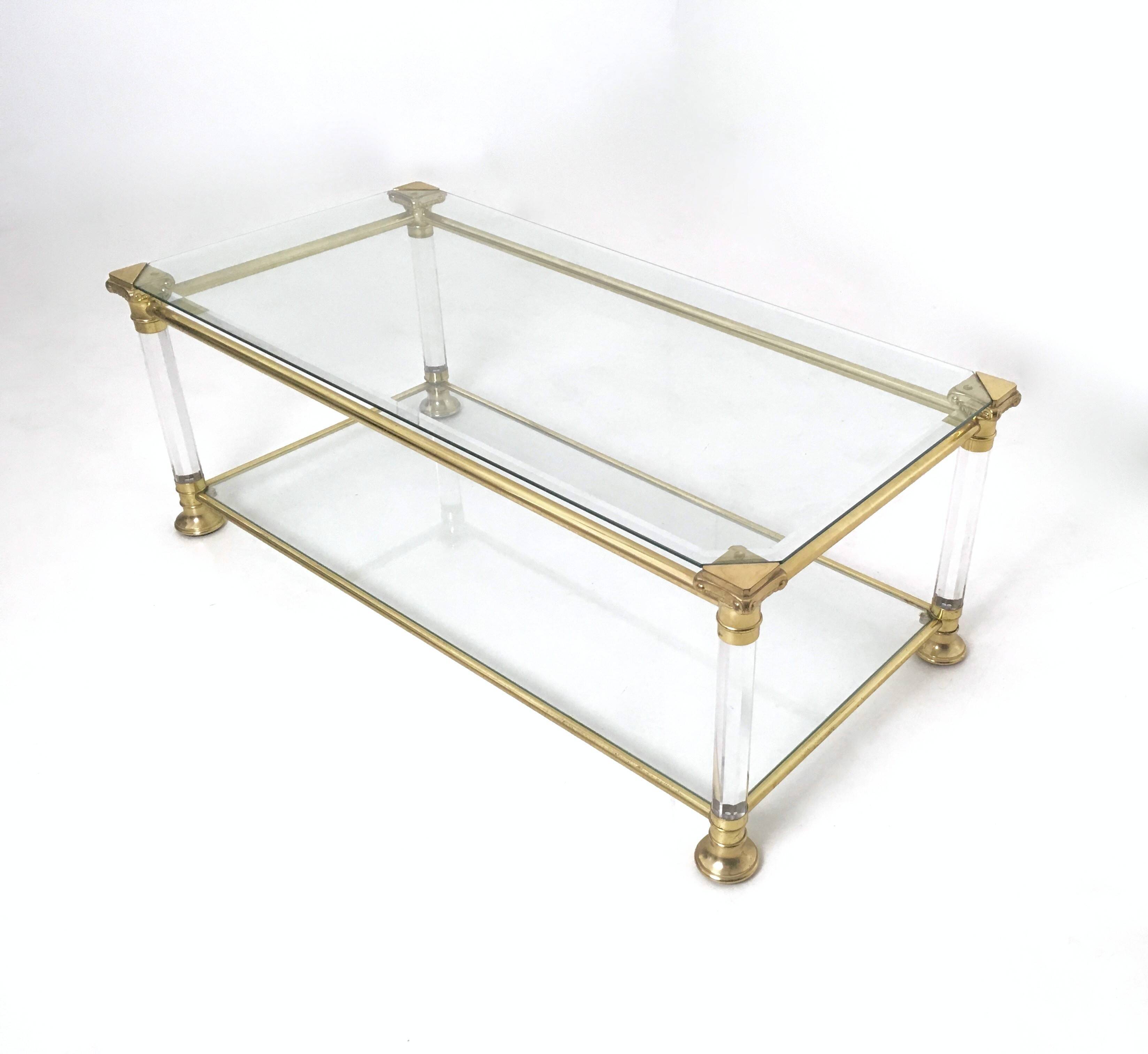 Rectangular Glass Coffee Table with Brass and Acrylic Glass Frame