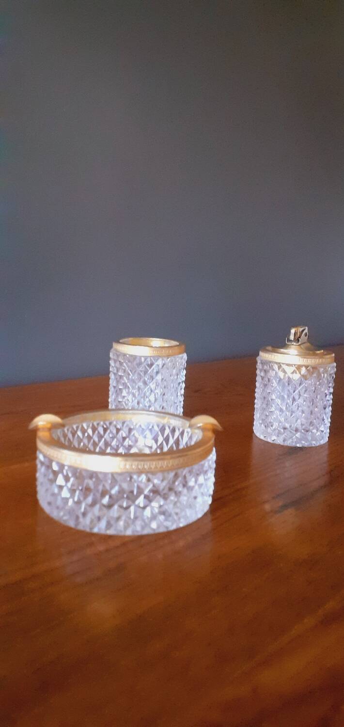 1950s Baccarat crystal and gold-plated metal smoker's kit
