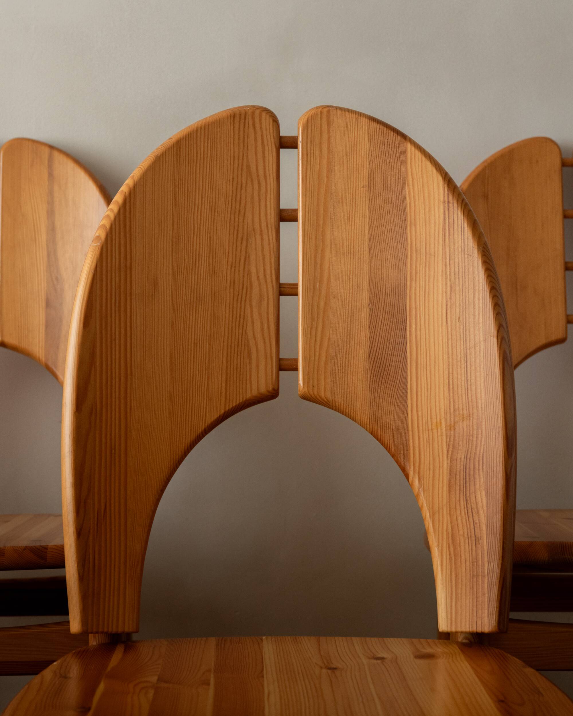 Scandinavian Brutalist Pine Dining Chairs with Sculptural Back, 1970, Set of 6
