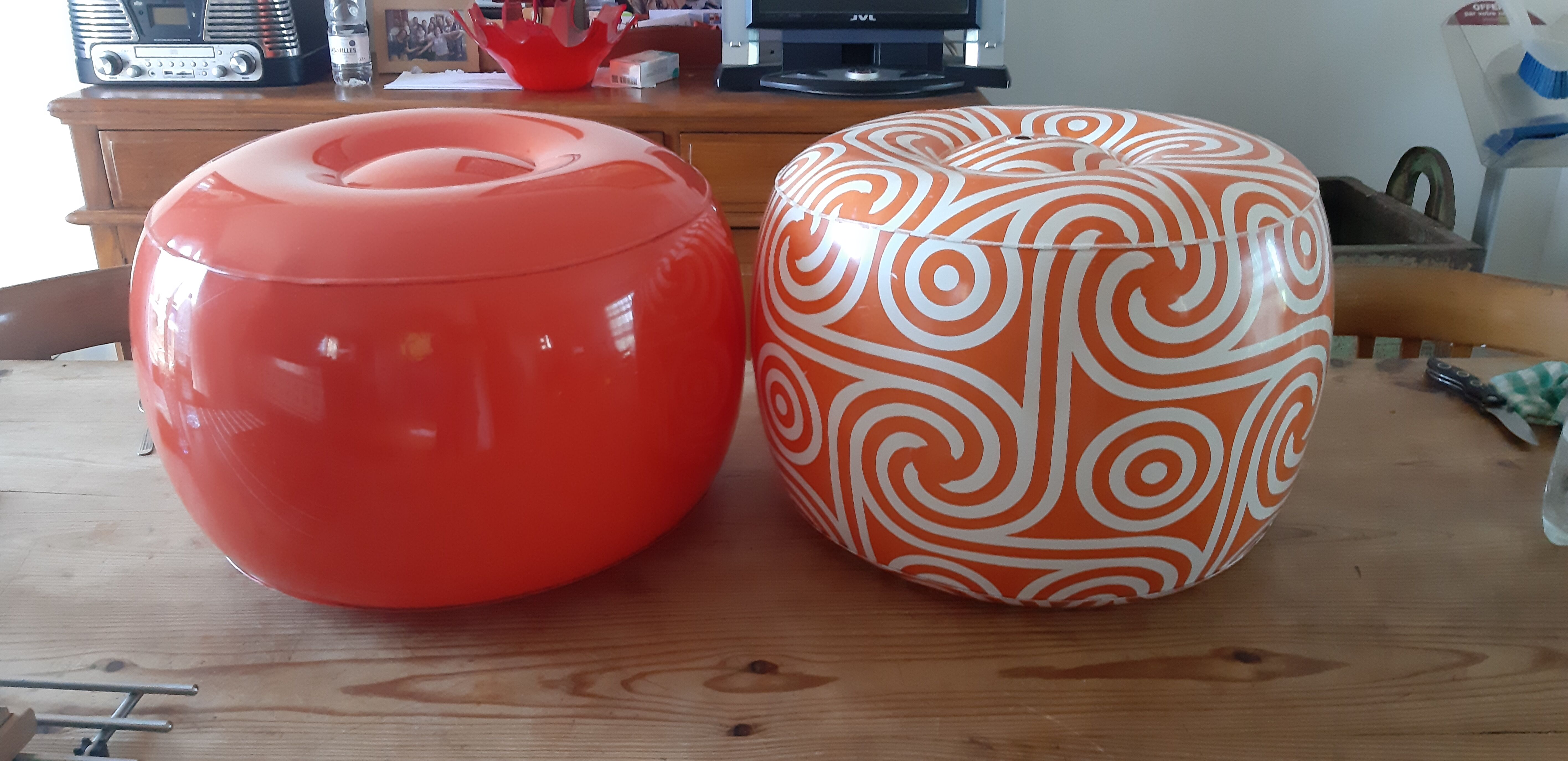 2 vintage inflatable poufs in orange plastic