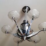 Art deco chandelier in chromed metal and glass 6 arms of lights