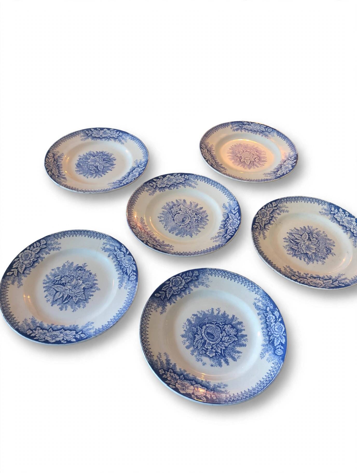 Set of 6 plates Terre de fer St Amand & Hamage, Jardinière blue model.