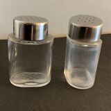 Italian salt and pepper shaker in stainless steel and Alessi glass, 1980