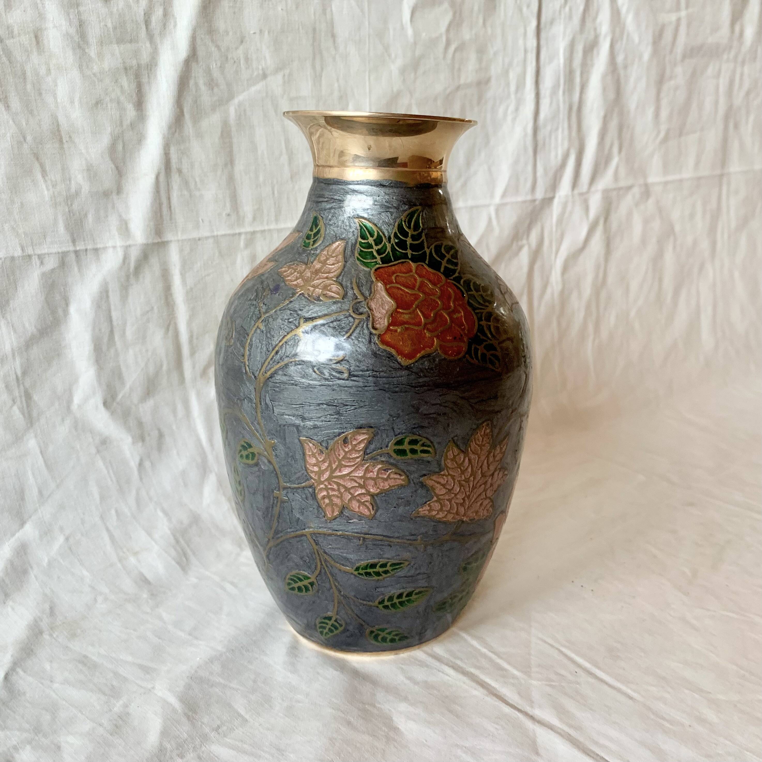 Vintage brass vase with cloisonné enamel floral decoration