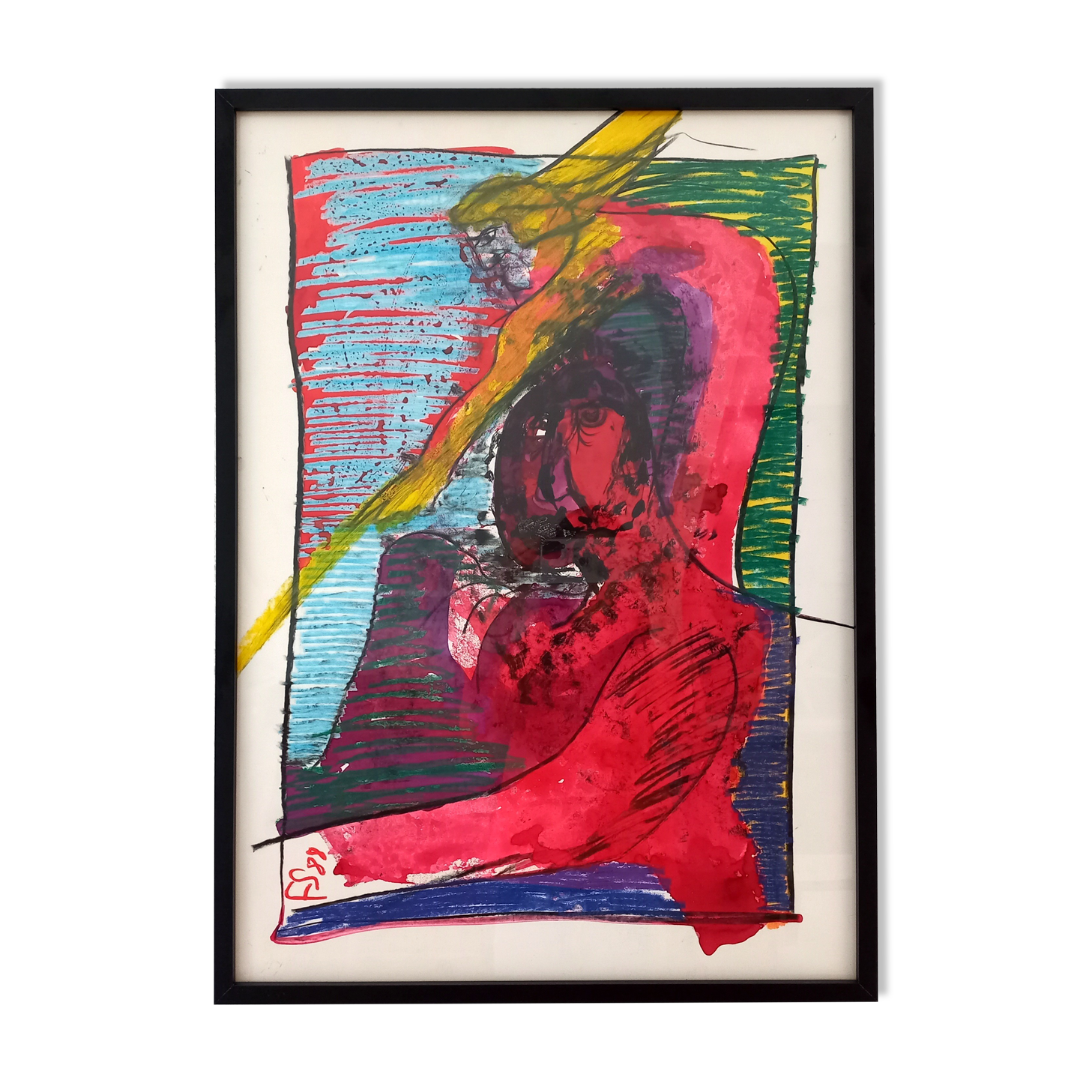 Vintage illustration by the Swiss artist Frédéric Schütz, signed FS 88, 1988, under frame