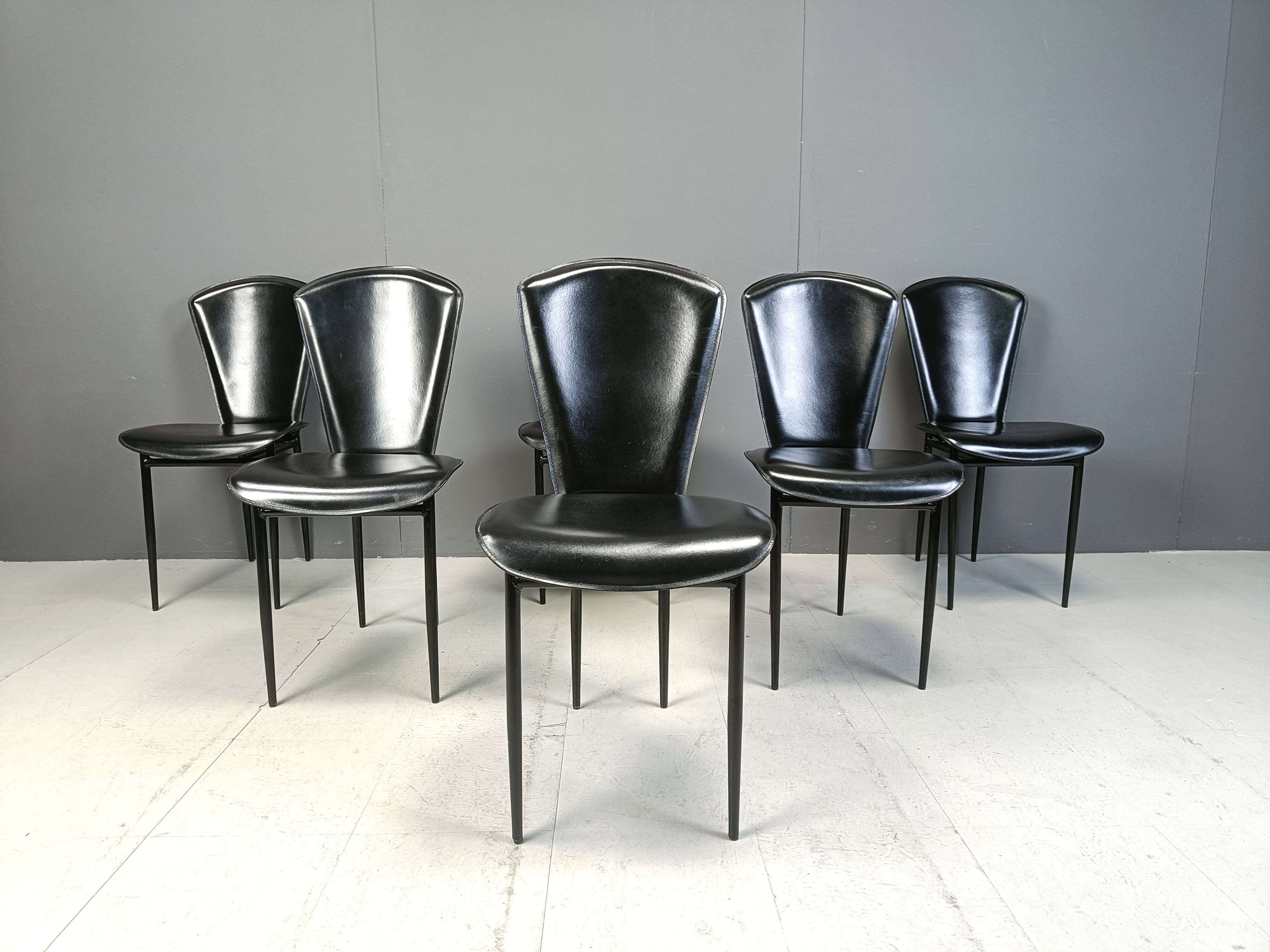 Lot de 6 chaises de salle à manger postmodernes en cuir italien, années 1980