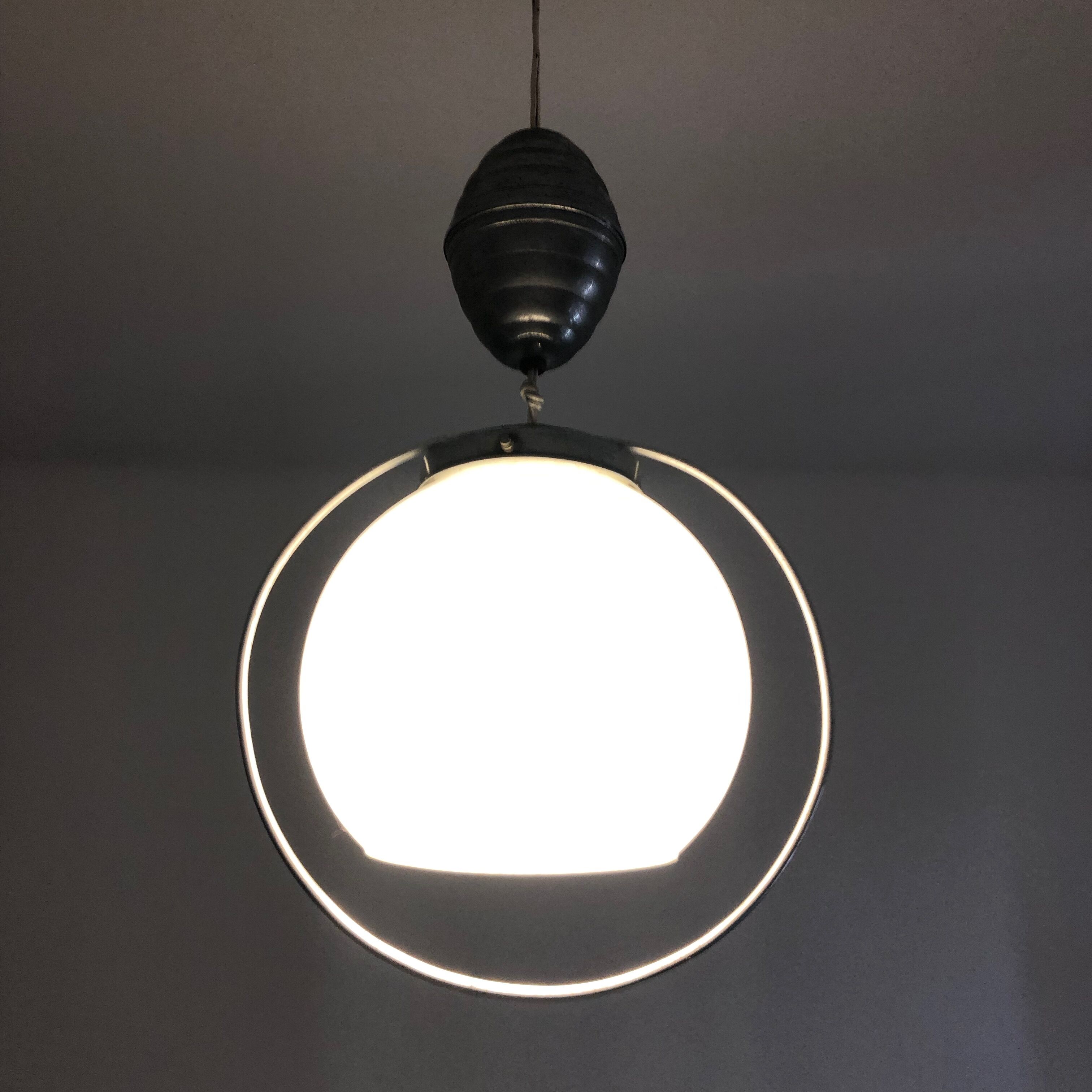 White opaline hanging lamp rises and drops vintage 1930 57cm