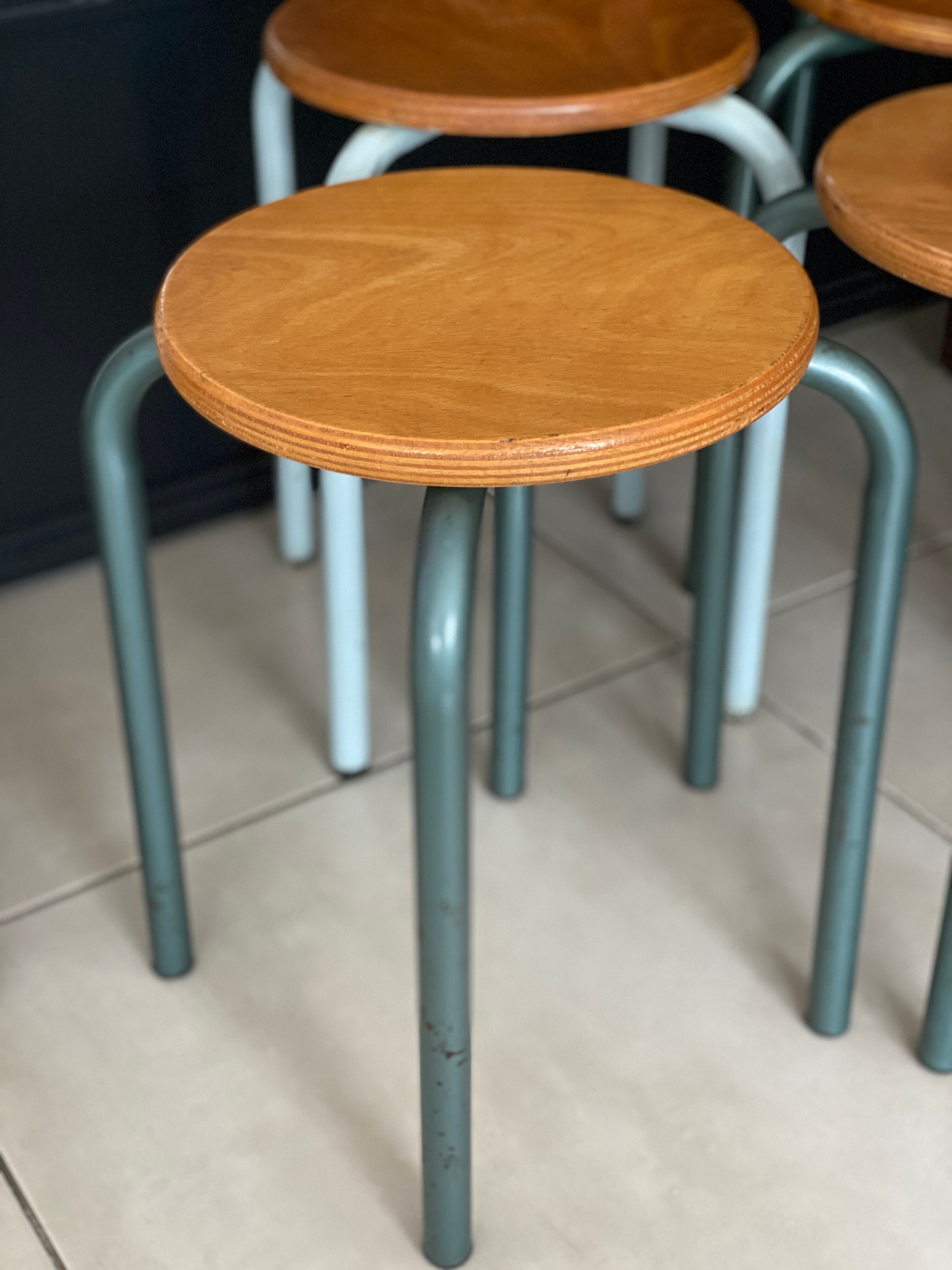 Set of 4 metal and wood workshop stools