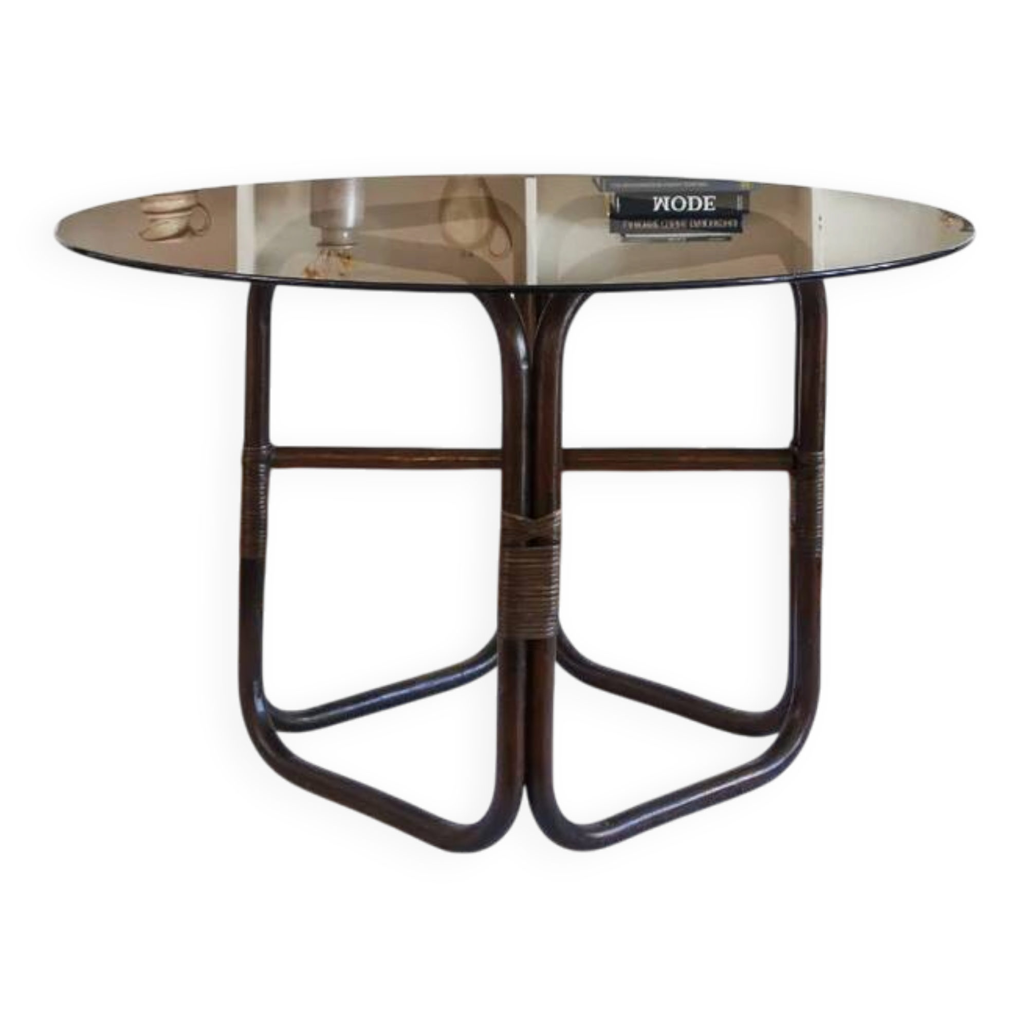 Round dining table in rattan, smoked glass top, 1970s.