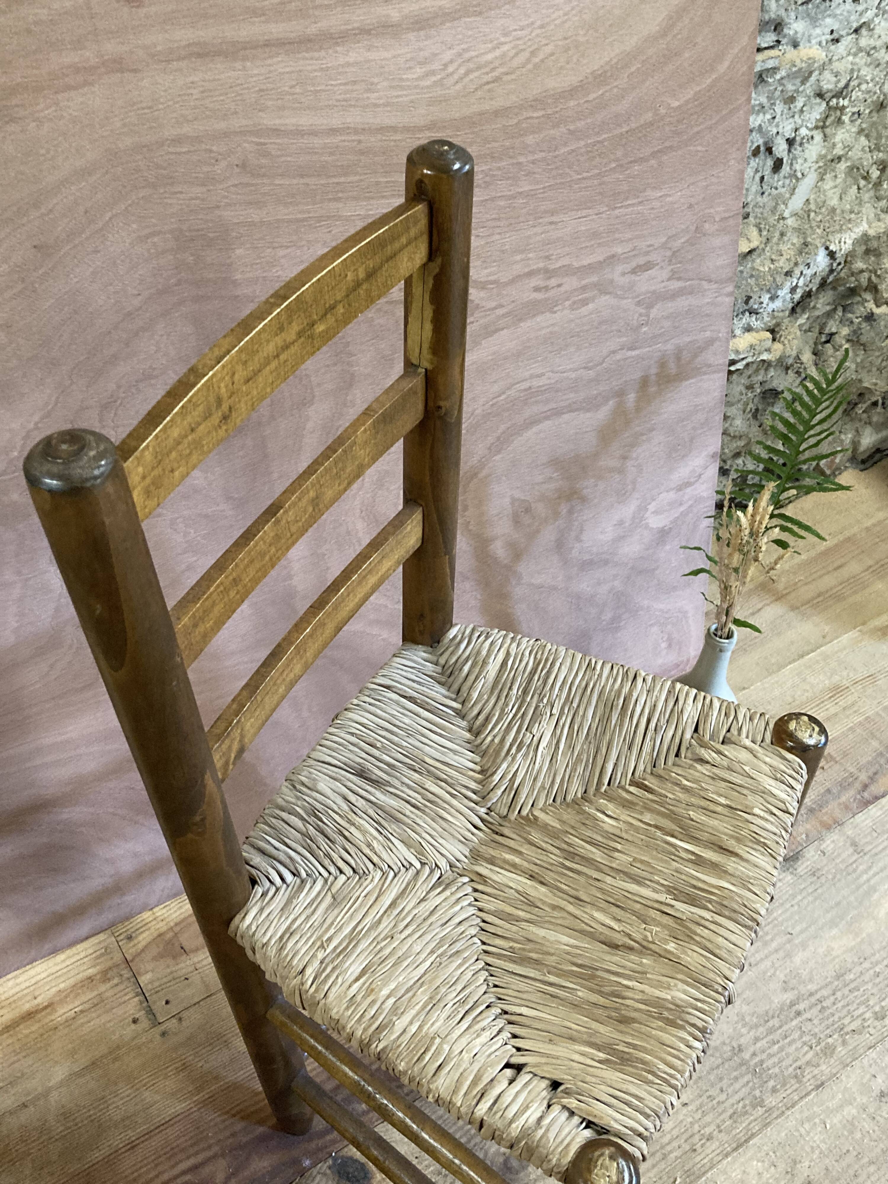 Pair of rustic-style vintage straw wood brutalist chairs