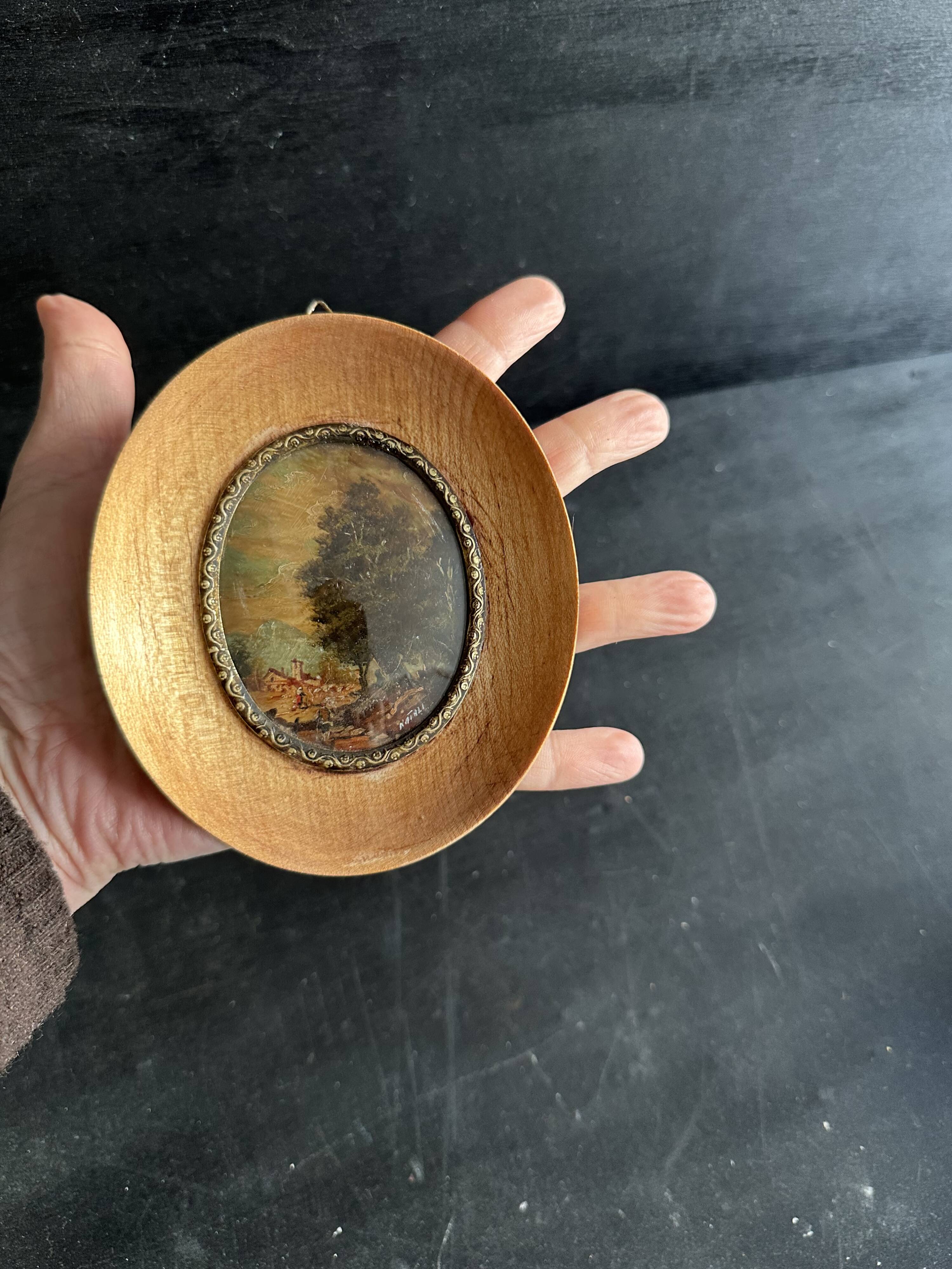 Antique oval miniature painting landscape signed Natali early 20th century