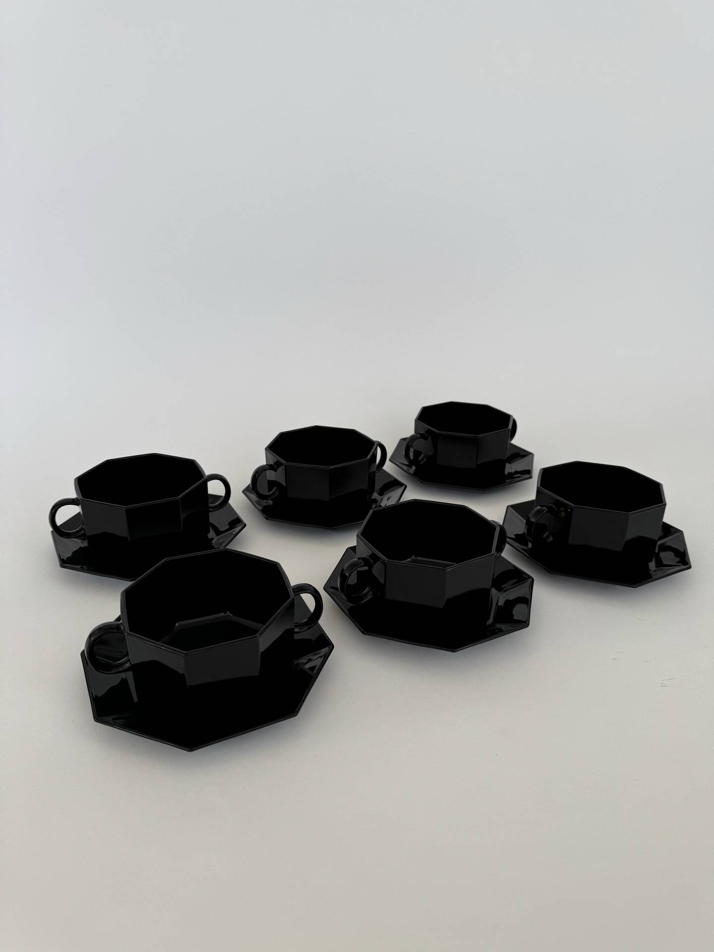 Vintage Set of 6 Arcoroc Black Glass Soup Cups and Saucers Set
