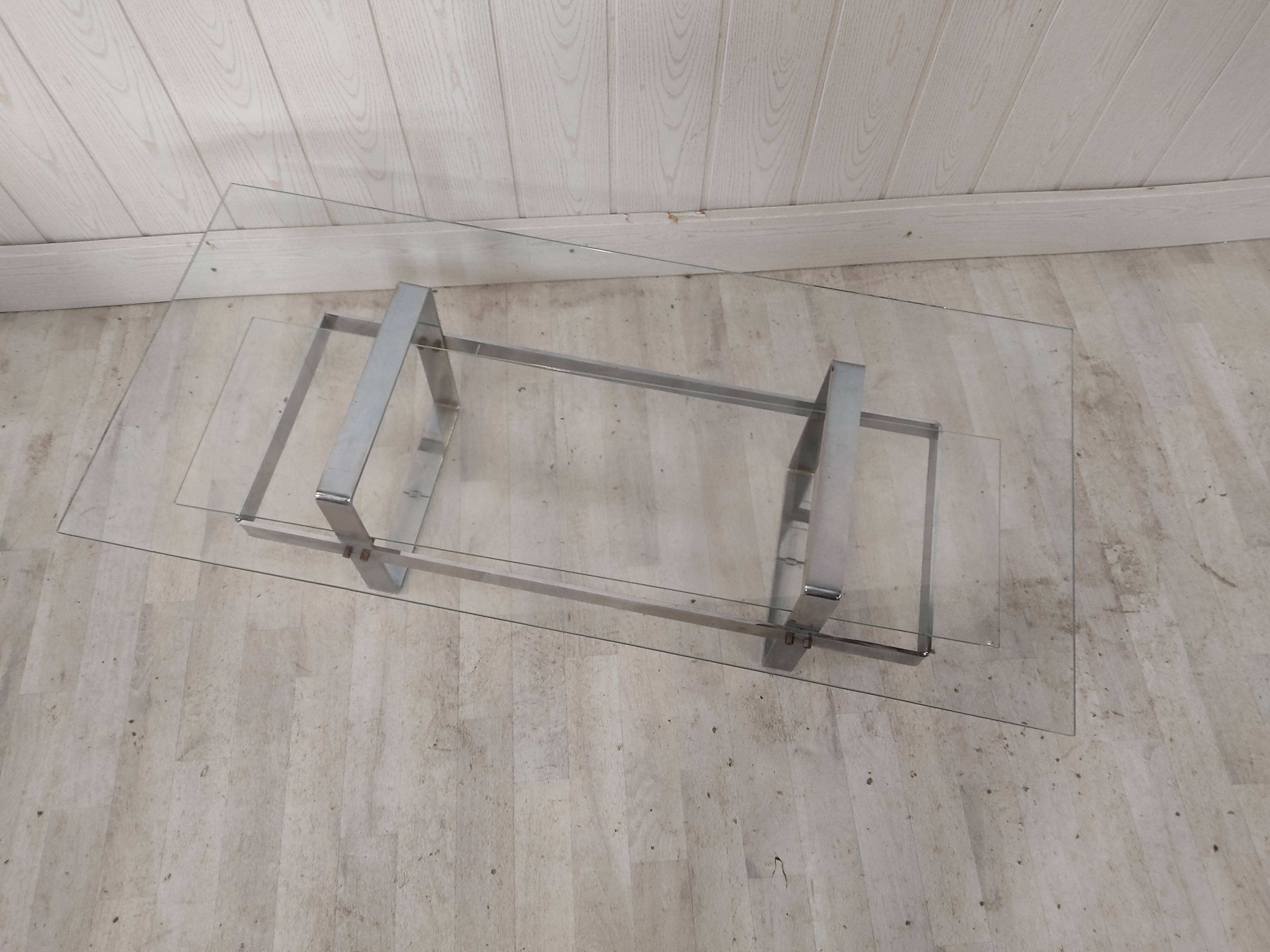 Table basse vintage acier chromé et verre