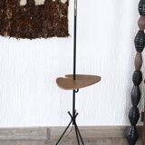Tripod floor lamp with wooden "pallet" shelf, 50s