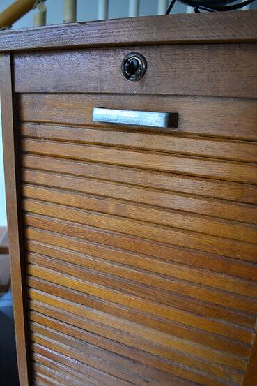 1950s curtain cabinet oak storage unit