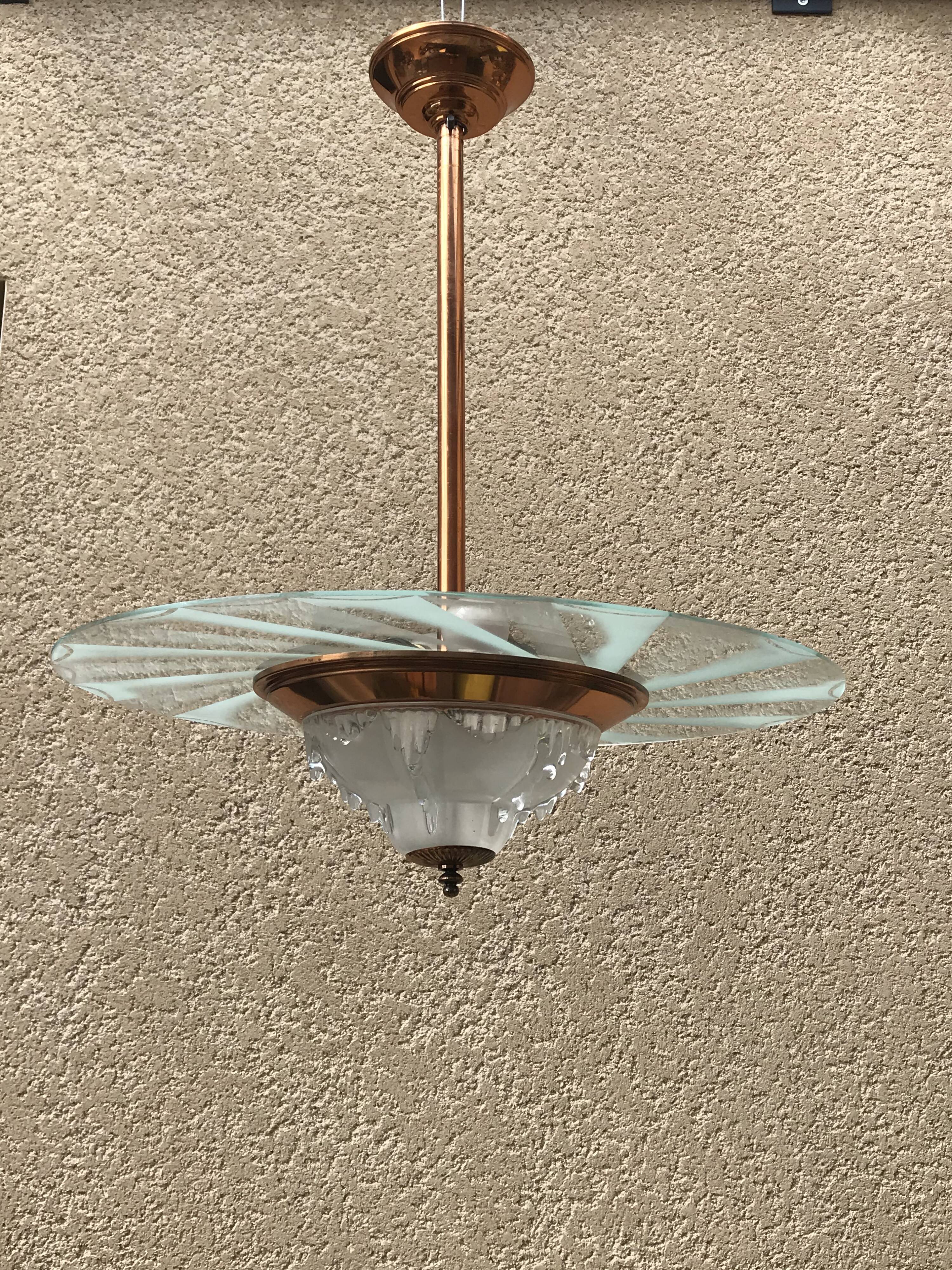 Copper and glass hanging lamp with his Ezan glass disc