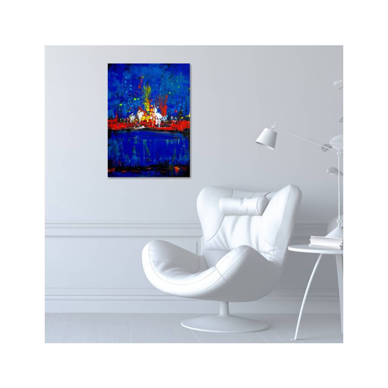 Abstract blue and red colors acrylic painting on stretched canvas