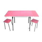 Table formica red and its 2 stools 1970