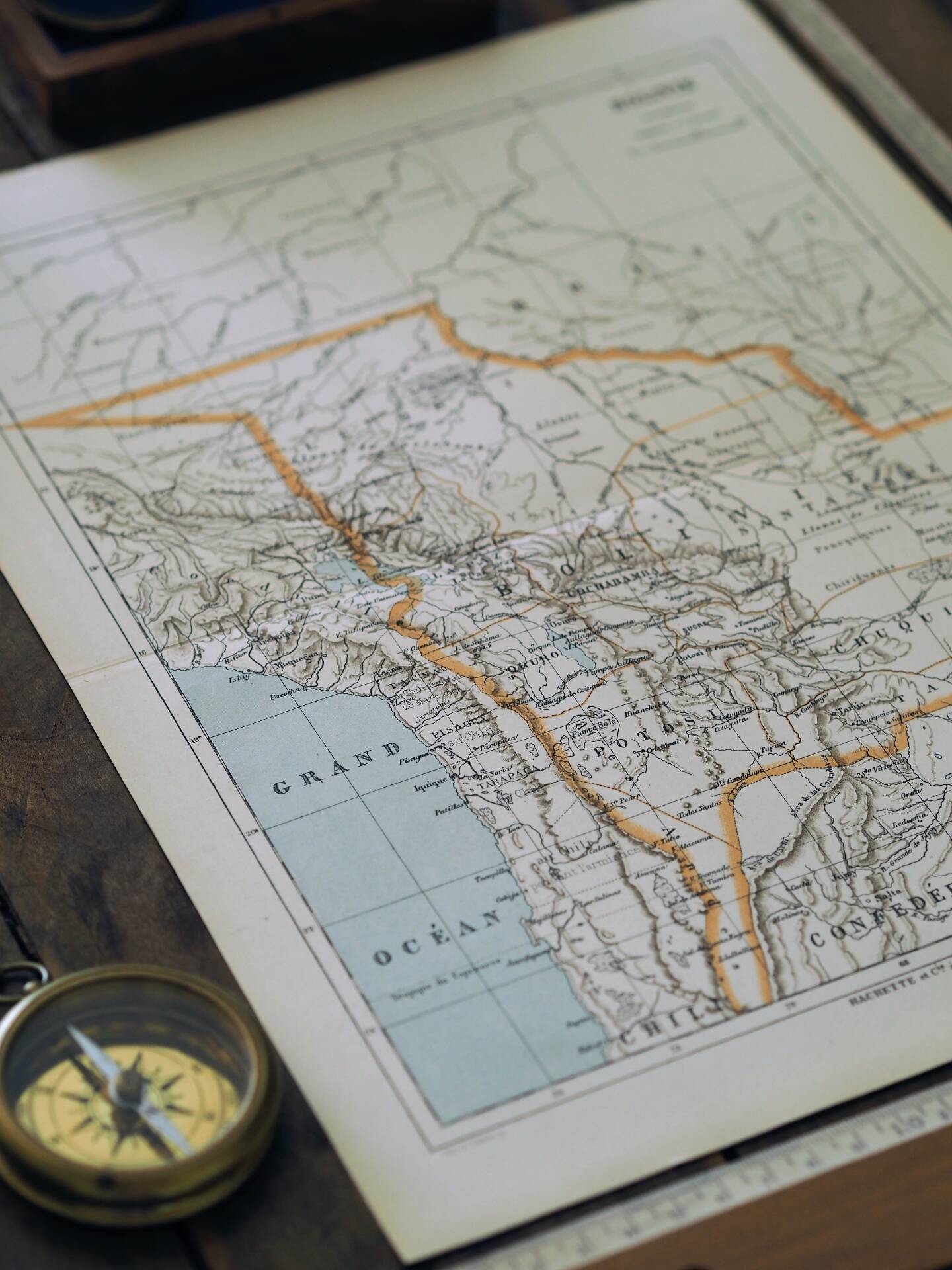 Bolivia, old map 1887 – vintage geographical map.