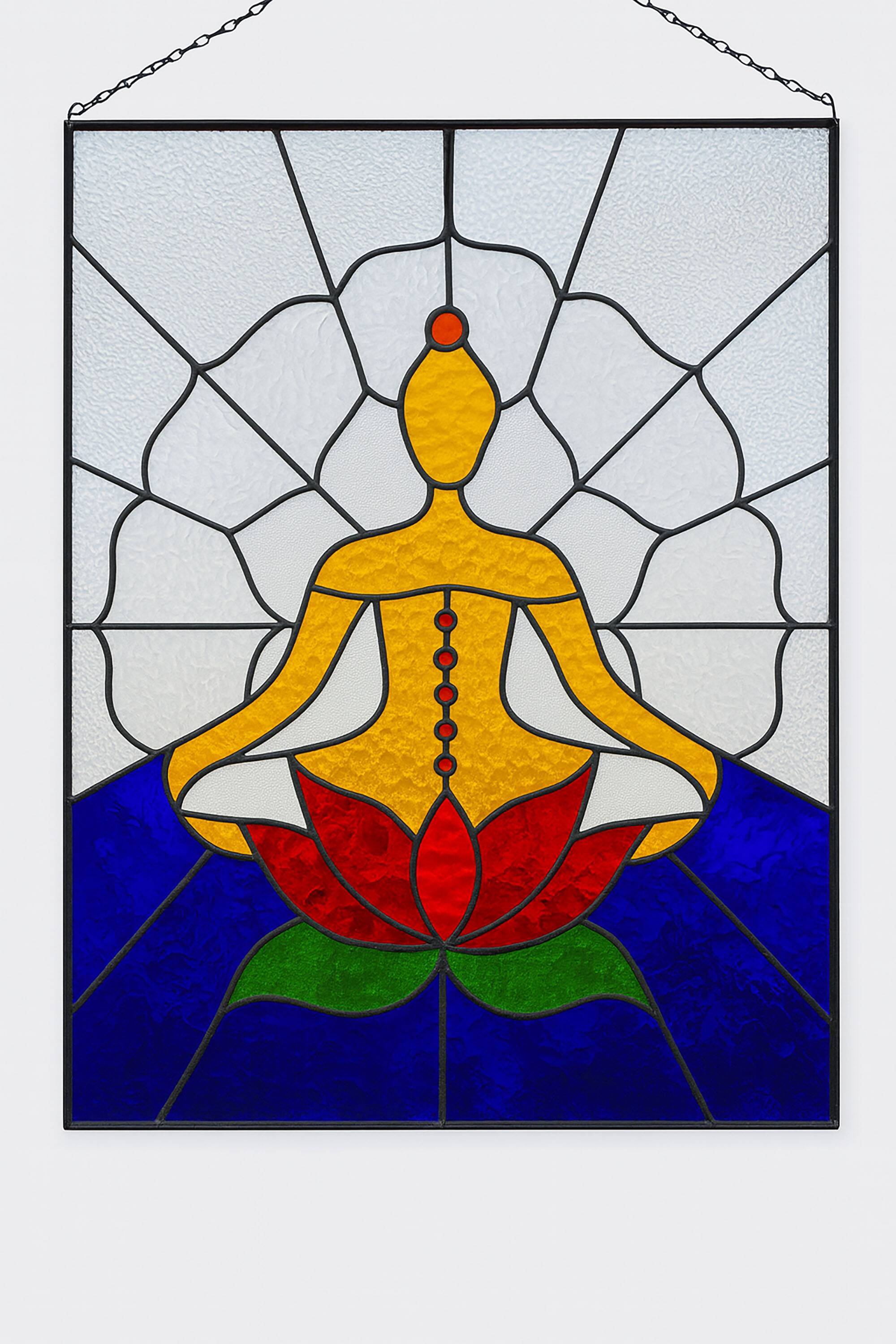 Vitrail décoratif Femme en méditation, Art du yoga en verre coloré, 48 × 66