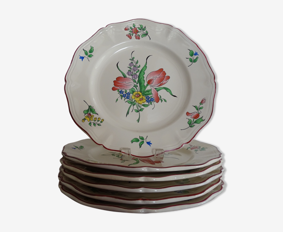 6 assiettes plates KG Lunéville réverbère tulipes