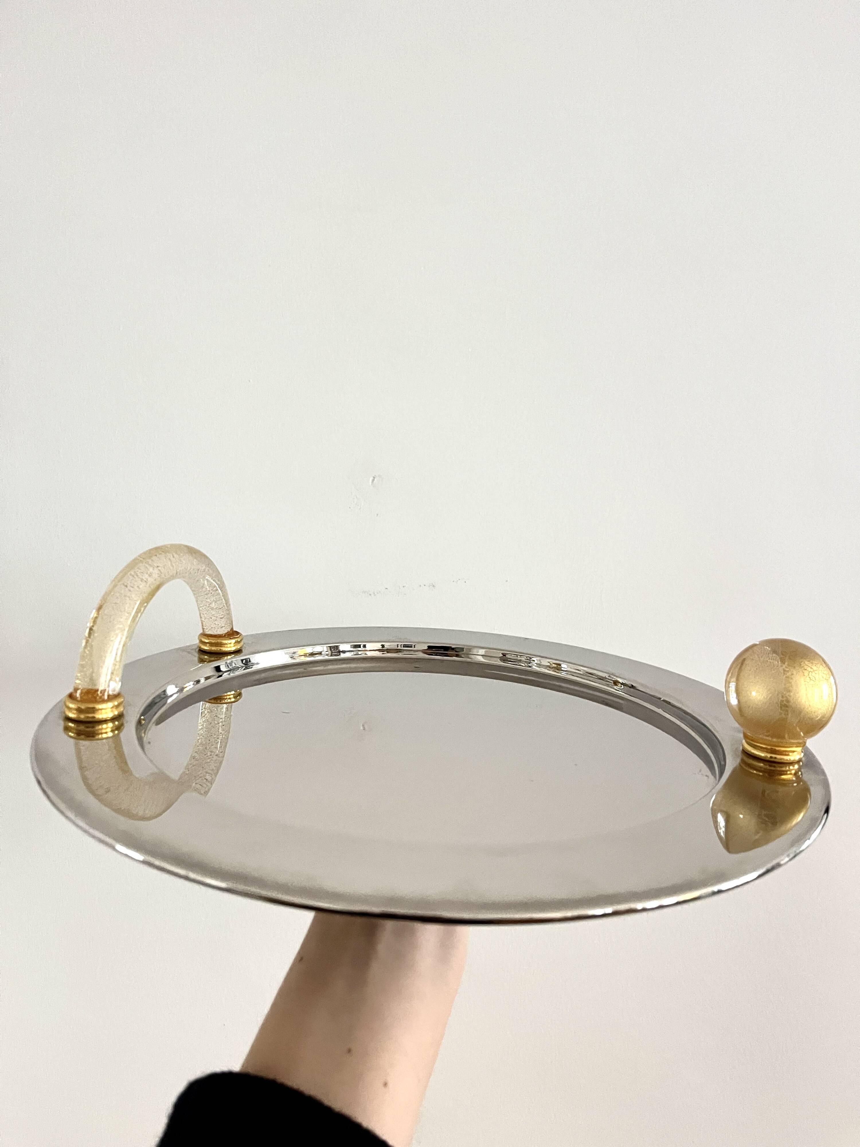 Vintage Palladium-Plated Serving Tray with Murano Glass Handles, Italy, 80s