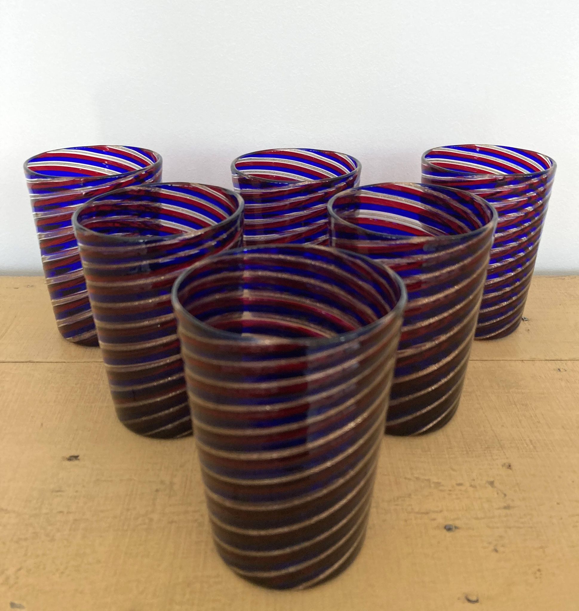 6 verres gobelets d'art Murano spirales tricolores