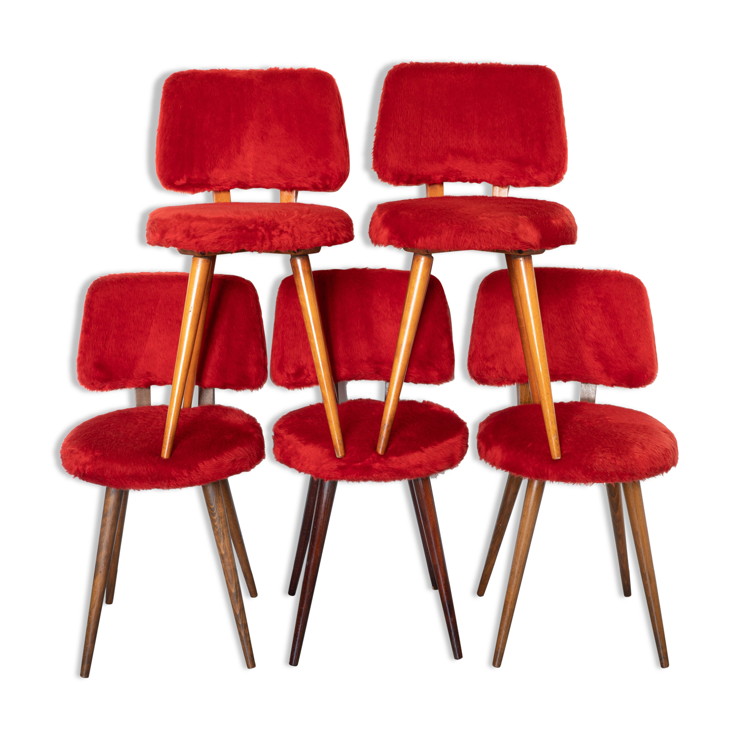 Set of 5 wooden chairs with red Pelfran moumoute