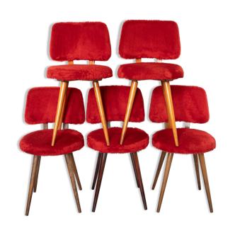 Set of 5 wooden chairs with red Pelfran moumoute