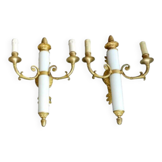 2 appliques murales bronze doré empire restauration porcelaine sconces