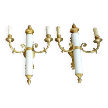 2 appliques murales bronze doré empire restauration porcelaine sconces