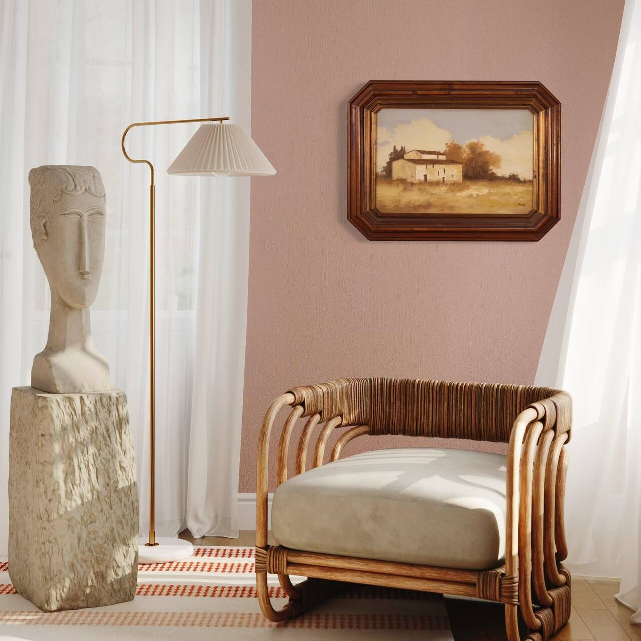 Signed painting landscape with a small house from the 20th century